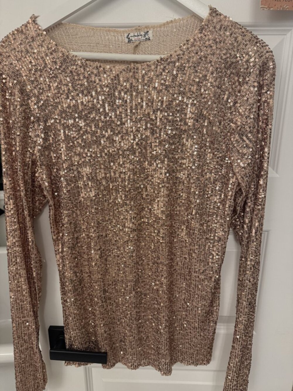 Intimately Free People Gold Rush Long Sleeve Sequin Top Rose Gold M